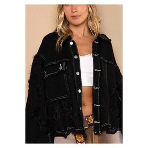 NWT POL Black Funky Distressed Oversized Denim Thermal Shacket Size S